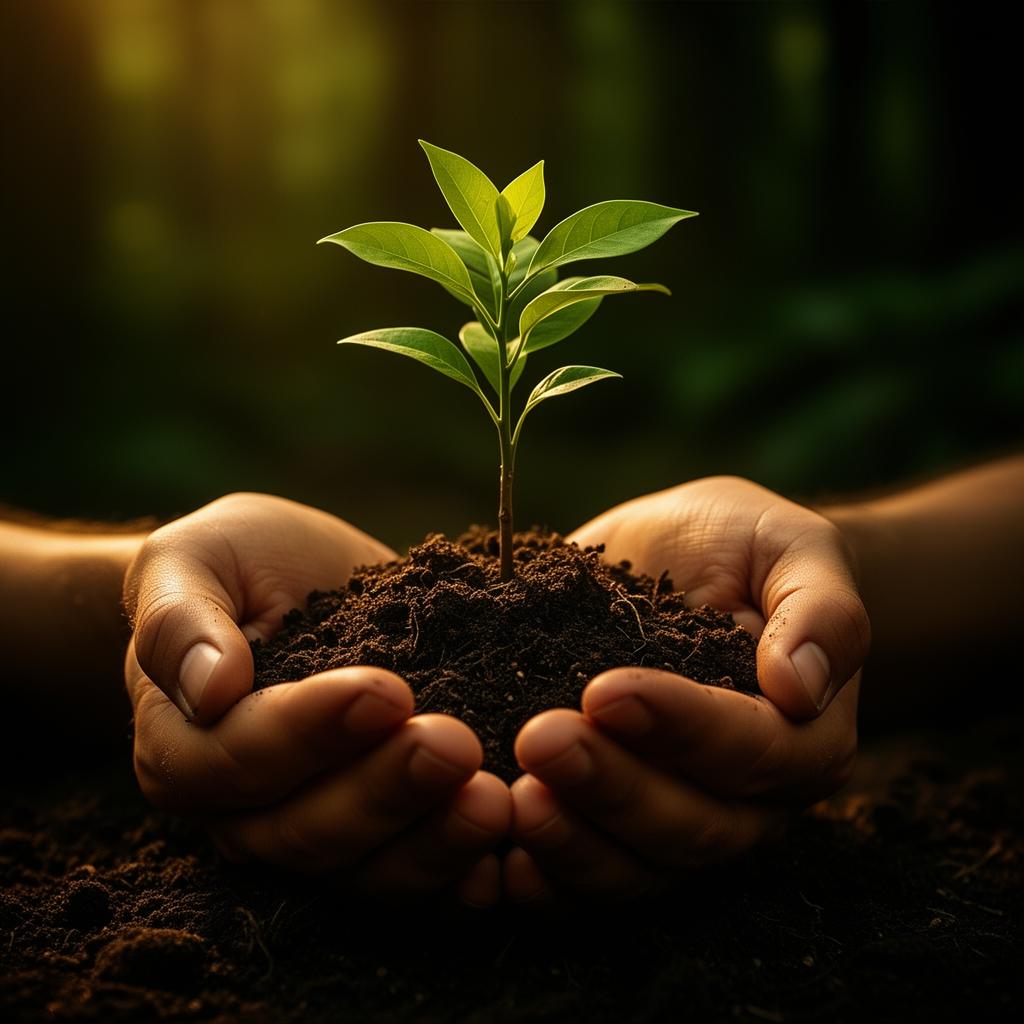 Hands holding a young sapling — symbol of renewal